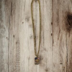 Gold Tone Dog Tag Necklace with American Flag Accent